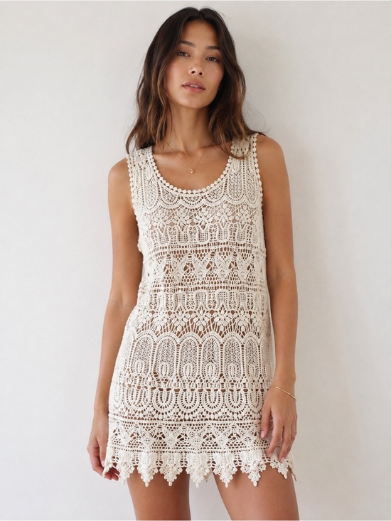 Handmade Dresses & Skirts - Ivory Crochet Lace Mini Dress Sheer Boho Tunic XS S